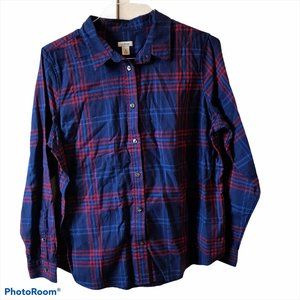 LL Bean Women's Blue Red Organic Flannel Shirt Lg